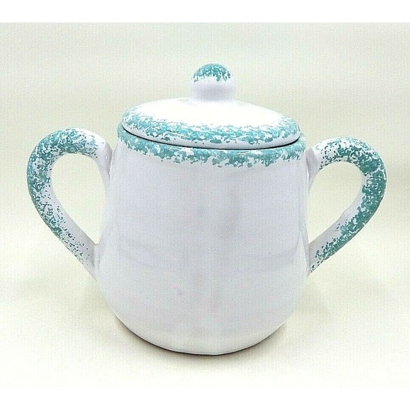 Ceramiche Desuirint Hand-Painted Ceramic Sugar Bowl Fishing Teal Sponge Accent - Picture 2 of 10